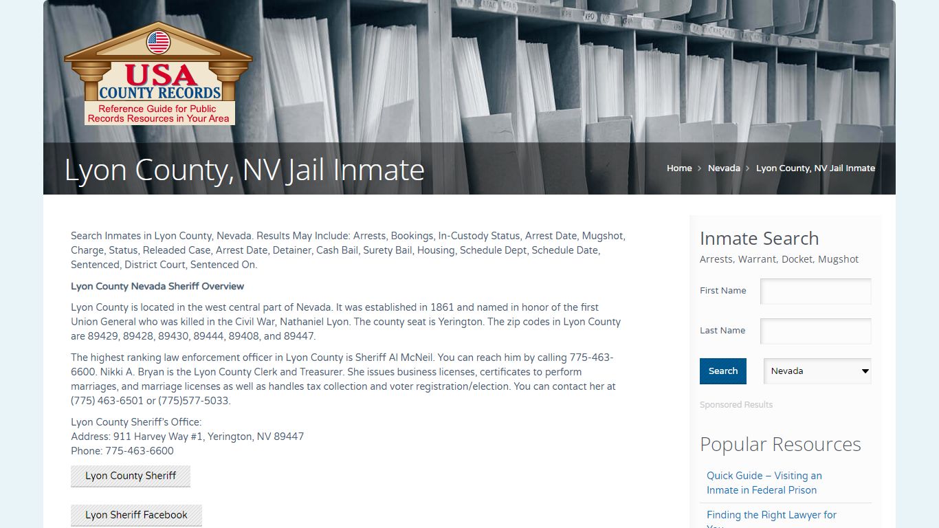 Lyon County, NV Jail Inmate | Name Search